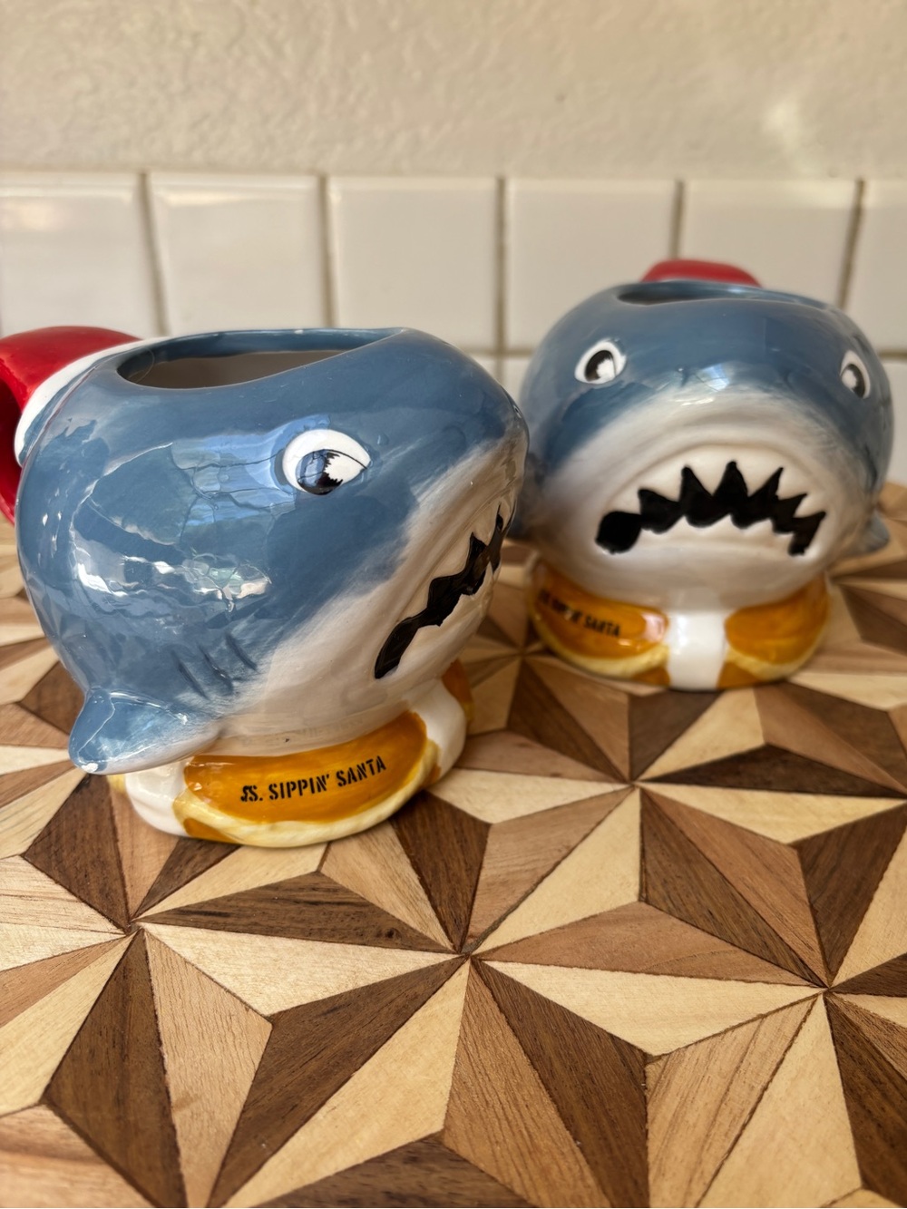 BeachBum Berry Sippin Santa Shark Tiki Mugs Set (2) Christmas Nautical